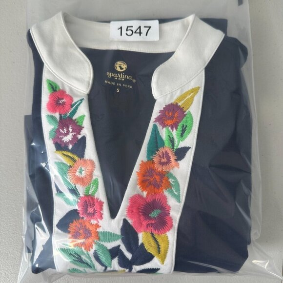 Spartina 449 Embroidered Monica Shift Dress Size Small Navy Blue Stretch Boho - Picture 13 of 13